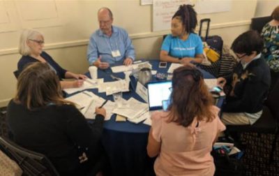 Workshop attendees sitting around a table discussing a topic